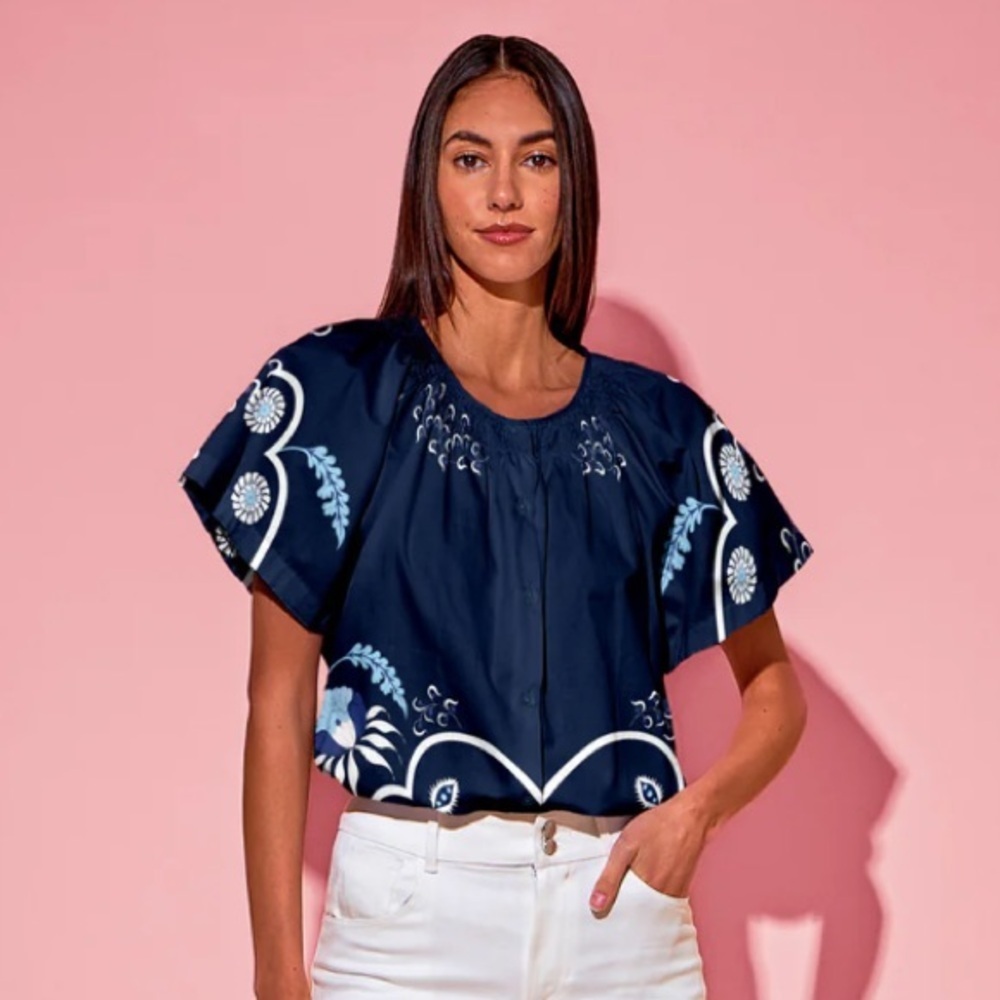 TUCKER Short Sleeve Classic Floral Blouse XL Navy